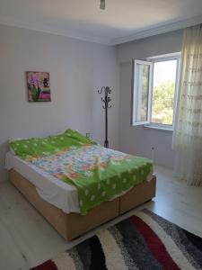 een slaapkamer met een bed met een groen dekbed en een raam bij Luwigayrimenkul in Gokceada Town