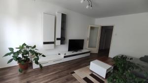 un soggiorno con TV su una parete bianca di Plitvice Apartment a Laghi di Plitvice