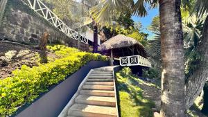 una escalera que conduce a un complejo con una pasarela y un edificio en Treehouse, en Tamanique