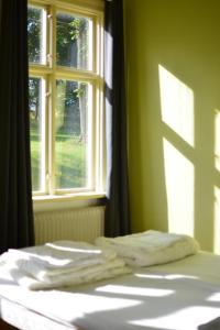 a bed in a bedroom with a window at Piece of Hjo Vandrarhem in Hjo