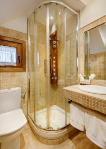 a bathroom with a shower and a toilet and a sink at Las Casas De Satue in Satué