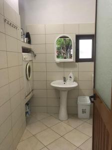 baño pequeño con lavabo y ventana en Guest House Ledio, en Valbonë
