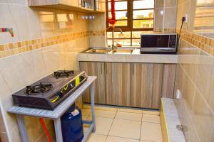 a small kitchen with a stove and a sink at Karibu Place Kamakis- Opp Greenspot Gardens in Ruiru