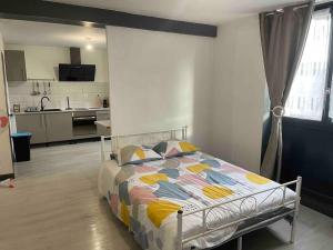 Cet appartement comprend une chambre avec un lit et une cuisine. dans l'établissement (B-2) bourgueil Studio N•2, à Bourgueil