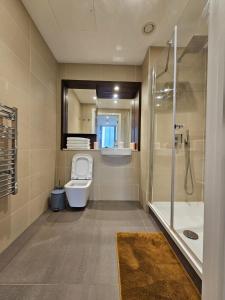 y baño con aseo, lavabo y ducha. en 2 bed Luxurious apartments Canary Wharf en Londres
