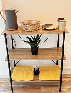 a wooden shelf with dishes and a plant on it at Mountain lodge in Dundalk