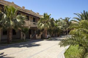 une cour avec des palmiers en face d'un bâtiment dans l'établissement Borgomare, à Campofelice di Roccella