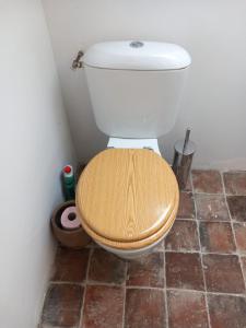un bagno con servizi igienici e sedile in legno. di Logement studio dans un coin paradisiaque 