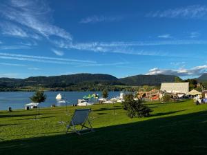 einen Stuhl auf dem Gras neben einem Wasserkörper in der Unterkunft Premium mobile home Eden in Velenje