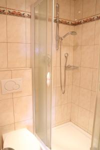 La salle de bains est pourvue d'une douche et de toilettes. dans l'établissement Aldranser Hof, à Innsbruck