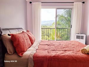 ein Schlafzimmer mit einem Bett und einem großen Fenster in der Unterkunft Victoria House-Sun View Hostel in San Isidro