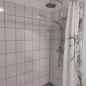 a bathroom with a shower with a shower curtain at Værelse med seng og fælles arealer in Skovlunde