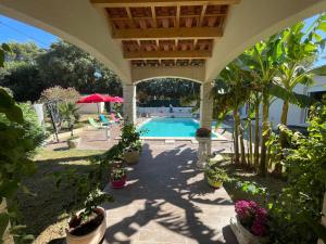 um arco que leva a uma piscina com vasos de plantas em Meublé de tourisme MARTINET em Vénéjan