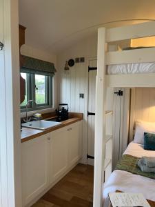 a small kitchen with a sink and a bunk bed at The Woolly Sheep Shepherd Huts in Whitland