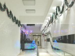 un corridoio del centro commerciale con luci di Natale e un albero di Natale di LOVENEST a Lima