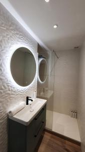 y baño con lavabo, espejo y ducha. en Appartement au calme T3 RDC - Quartier de France en Vichy