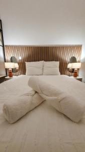 una camera da letto con un grande letto bianco con due lampade di Appartement au calme T3 RDC - Quartier de France a Vichy Altre 35 foto