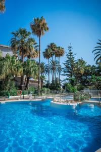 een zwembad met palmbomen op de achtergrond bij Beachfront apartment in Marbella