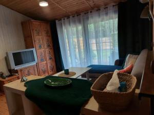 uma sala de estar com um cobertor verde sobre uma mesa em Zacisze em Uście