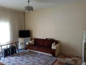 a living room with a brown couch and a television at شقة أوزنجول 3 in Çaykara