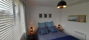 a bedroom with a bed with blue pillows and a window at River and Ridge Getaway in Turangi