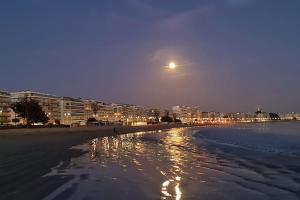 uma vista para uma praia à noite com a lua em Appartement Chez A.S.Y. em Guérande