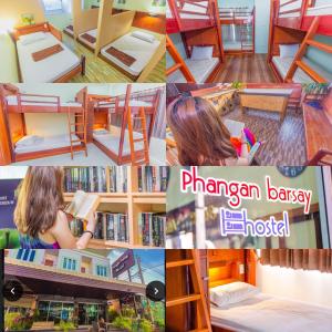 uma colagem de fotos de uma rapariga num quarto e um beliche em Phangan Barsay Hostel em Thongsala