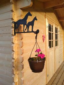 dos caballos en la pared de una cabaña de madera en Kilplaste küla kämpingud, 