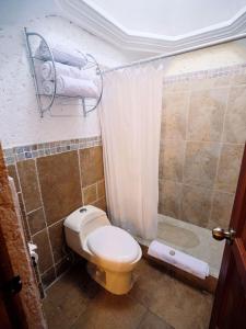 La salle de bains est pourvue d'une douche et de toilettes. dans l'établissement Naif Boutique Hotel, à Antigua Guatemala