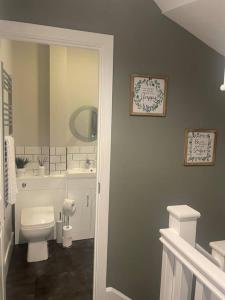 La salle de bains est pourvue de toilettes et d'un lavabo. dans l'établissement Fern House - 2bedroom house Free Parking Town centre by Shortstays4u, à King's Lynn