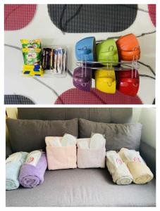 two pictures of a couch with towels and bags at CASA UNO By Mojo's Staycation in Manila