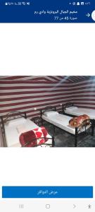 2 camas en una habitación con pared en مخيم الجبال البرونزية en Wadi Rum