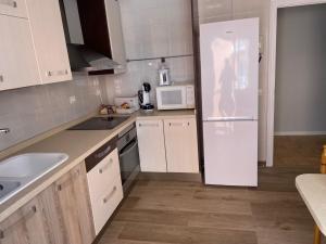 a kitchen with white cabinets and a white refrigerator at Balcón del sella in Ribadesella