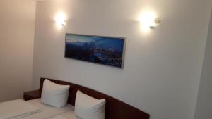 a hotel room with a bed and a picture on the wall at Hotel Aurelia in Frankfurt