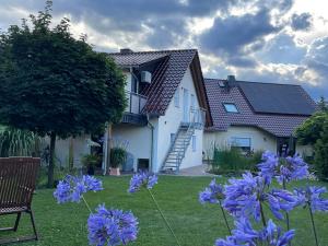 une maison avec des fleurs violettes dans la cour dans l'établissement Sprem0602, à Elsterheide