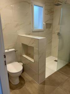 ein weißes Bad mit einem WC und einer Dusche in der Unterkunft Villa mina in Ghisonaccia