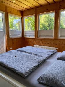 two beds in a room with windows at Appartement Klinger in Eben im Pongau