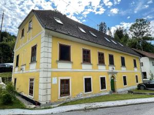 een geel huis met een zwart dak bij Ferienwohnung Sommeralm in Arzberg