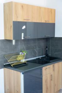 a kitchen with a sink and a black counter top at Luxury Apartment Milićević 2 in Trebinje
