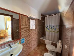 a bathroom with a toilet and a sink and a shower at Hotel Restaurante Los Caños de la Alcaiceria in Alhama de Granada