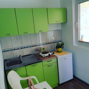 a kitchen with green cabinets and a white refrigerator at VILANATALIJA PANSION, APATIN in Apatin