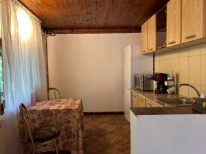 uma pequena cozinha com uma mesa e um micro-ondas em Casa Cesy em Teşila