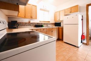 a kitchen with a white refrigerator and wooden cabinets at Apartment Dolphin House in Haines +6 photos