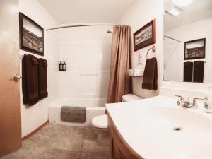 a bathroom with a sink and a toilet and a tub at Front Room Lynnview Lodge in Haines
