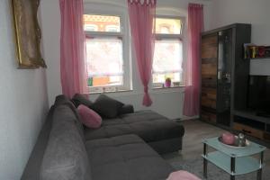 salon z kanapą i różowymi zasłonami w obiekcie Erholung im Herzen von Mühlhausen w mieście Mühlhausen