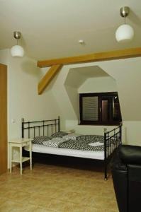 ein Schlafzimmer mit einem Bett und einem Stuhl in einem Zimmer in der Unterkunft Apartmány pod lípou in Horní Heřmanice