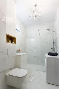 Un baño blanco con inodoro y ducha. en Chic Central Oradea- Netflix, Parcare, Self Check-in, Balcon, en Oradea 58 fotos más