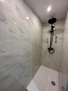 a bathroom with a shower with a large tile wall at Appartement Gare Saint Charles in Marseille