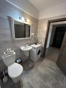 a bathroom with a white toilet and a sink at Lovely Cozy Apartments in Central Suceava in Suceava