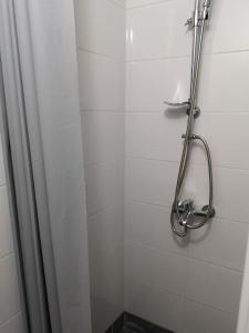 a shower in a bathroom with a glass door at Apartman studio Otium in Pirovac